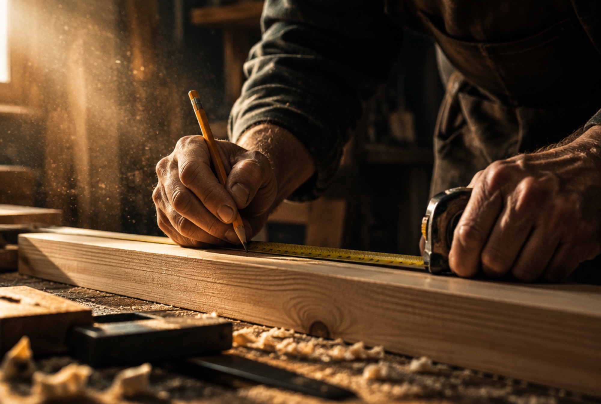 Operario midiendo una tabla de madera en el taller