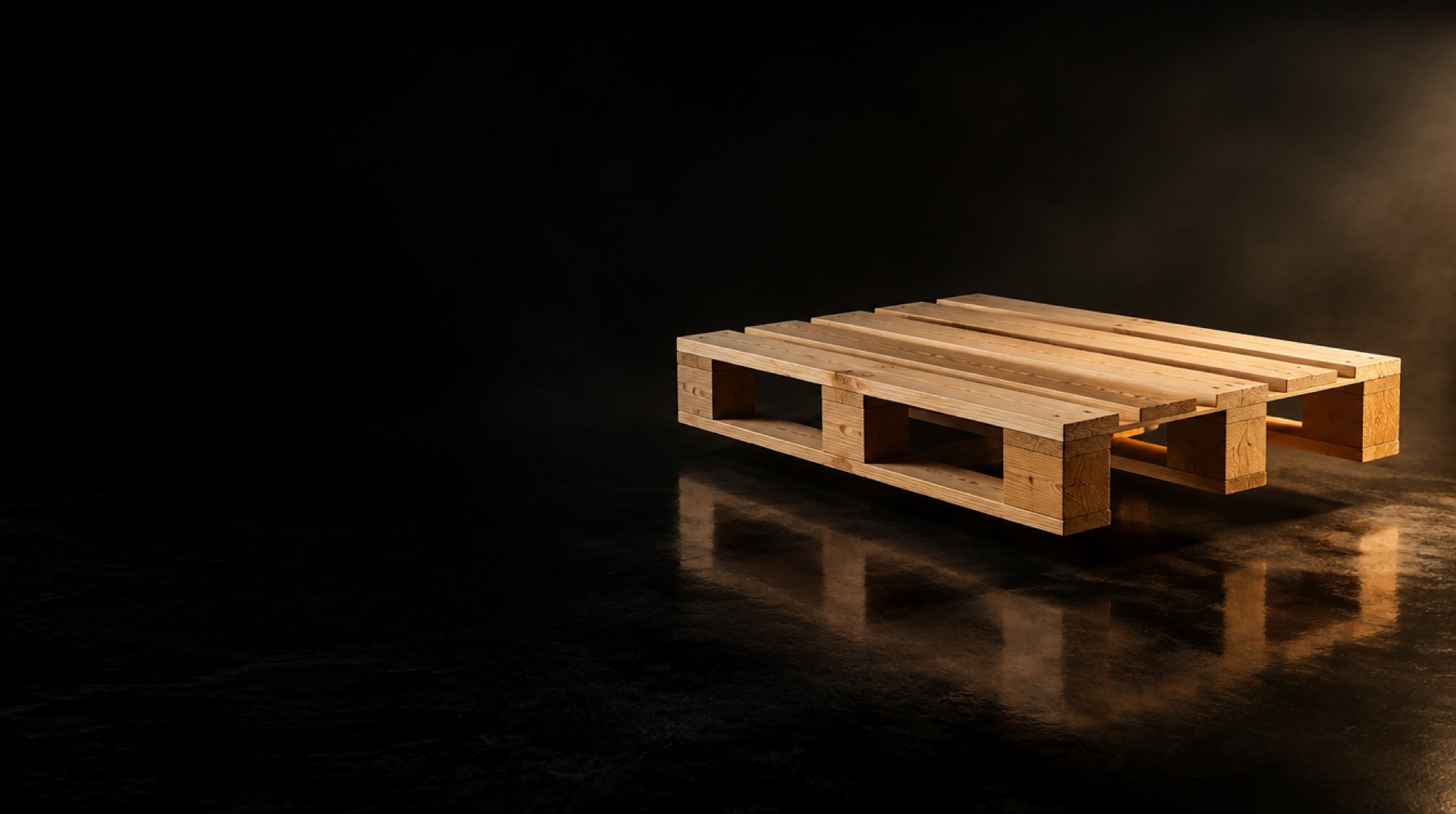 Estiba de madera iluminada en un estudio oscuro